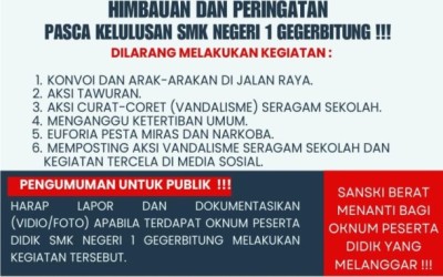 SMKN 1 GEGERBITUNG DILARANG melakukan Corat-Coret Seragam Sekolah dan Konvoi di Jalanan!!